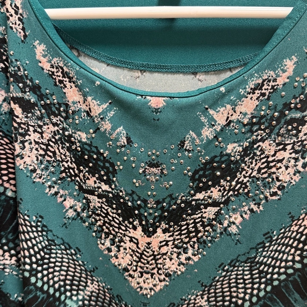 JM Collection Teal and Black Patterned Long Sleeve Top - Picture 3 of 6